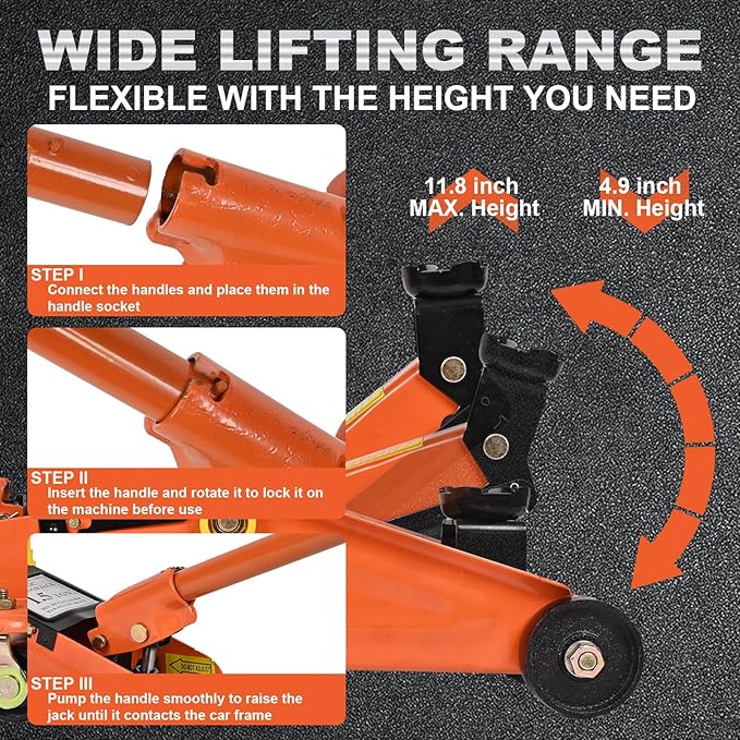 A A IN AA094 Hydraulic Low Profile Steel Floor Jack, Trolley Service Lift Car Garage Floor Jack, 1.5 Ton (3300 lbs) Capacity, Orange