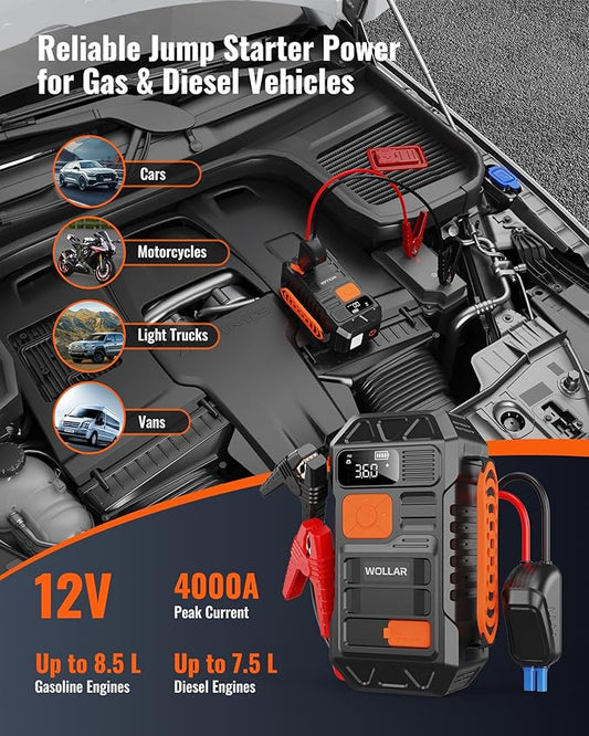 4000A Jump Starter with 160PSI Air Compressor - Car Battery Jumper Starter, 88.8Wh Portable Tire Inflator, 12V Jump Box, 24000mAh Powerbank, Dual Flashlight for 8.5L Gas & 7.5L Diesel Engines