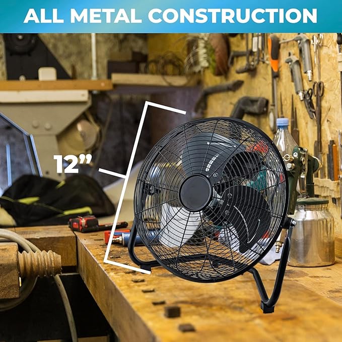 EZ-CHILL 12” Cradle Floor Fan, 3 Speed, High Velocity, 180 Degree Adjustable Tilt, All-Metal, Carry Handle, Rubber Feet, Airflow 15.42 ft/sec, Ideal for Home, Bedroom & Office, Black