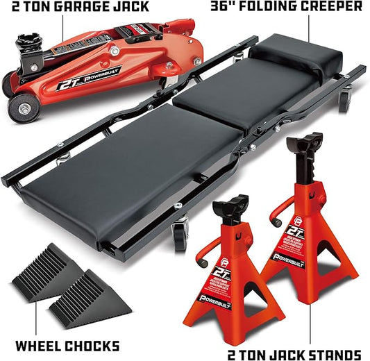 Powerbuilt 6 Piece Car Jack and Garage Creeper Service Set, 2 Ton Vehicle Lift, Jackstands, Folding Creeper, Wheel Chocks, Car Repair Garage Equipment - 640816, Large, Red