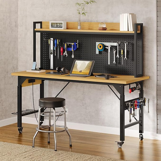 DWVO Adjustable Workbench with Pegboard 48", Heavy Duty Wood Top Work Bench with Wheels, 1600 LBS Load Capacity, Rolling Work Table with AC/USB Outlet, Hooks, Rack for Garage, Workshop, Office, Home
