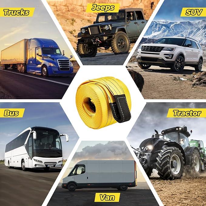 90,000lb Heavy Duty Tow Strap 30ft x 7.1Inch - Recovery Tow Rope for Trucks, Jeep, SUV, RV, Tractor, Bus, Van |Commercial Grade, 6m 50 US Tons Break Strength