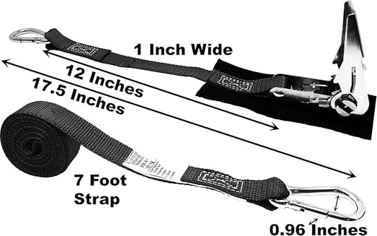 1 Inch Stainless Steel Ratchet Strap, Protective Pad Under Buckle Stainless Steel Carabiner Clip with Grommet On Each End, Fixed End Strap, Total Strap Length 8 Ft