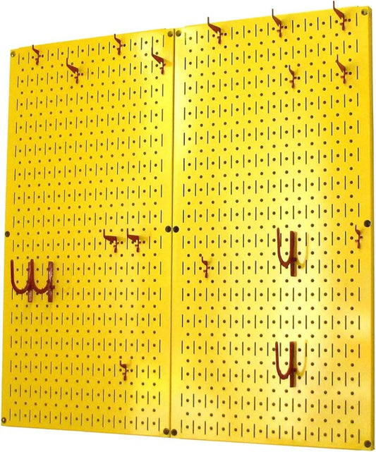 Wall Control Kitchen Pegboard Organizer Pots and Pans Storage Rack Organization Kit with Yellow Pegboard and Red Accessories