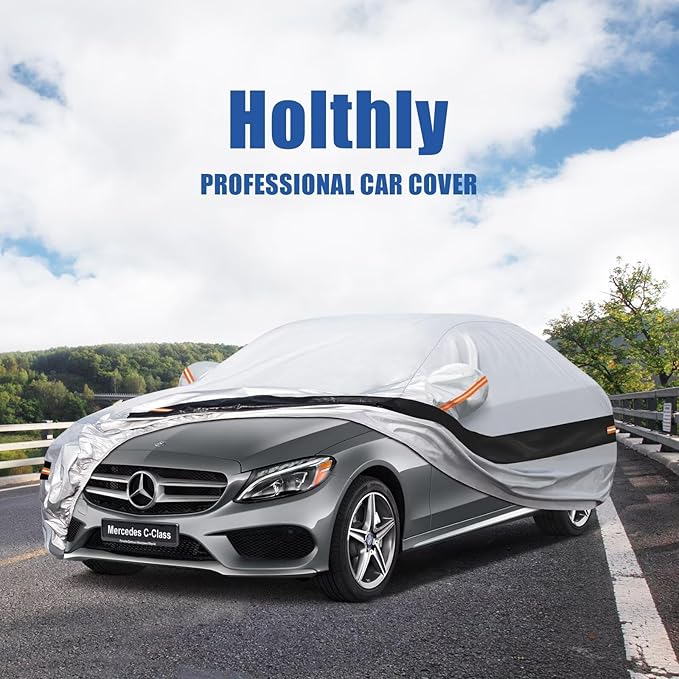 10 Layers Car Cover Custom Fit for Mercedes Benz C Class C250 C300 C43 C63 (1993-2025), Waterproof All Weather for Automobiles, Outdoor Full Cover Sun Dust Rain Protection with Cotton. Silver