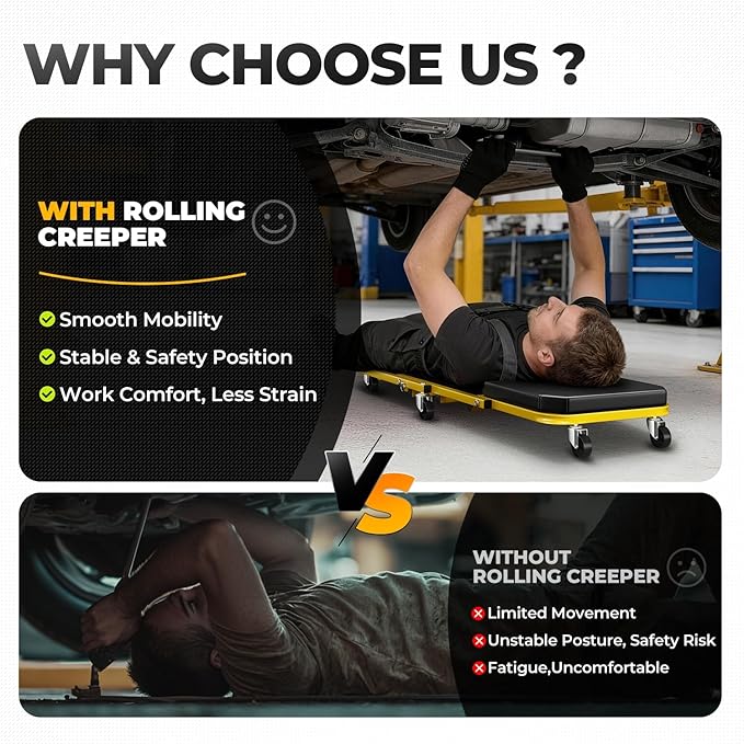 Auto Dynasty 36" Z-Creeper Seat, 2-in-1 Foldable Garage Creeper Shop Seat, 330 LBS Capacity Automotive Mechanic Repair Under Car Rolling Creeper Seat, Yellow