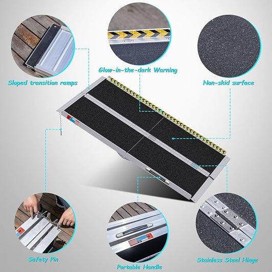WHALEMOTOR Portable Wheelchair Ramp 5FT, Anti-Slip Aluminum Folding Portable Ramp, Wheelchair Ramps for Home, Weight Capacity Up to 800 LBS, with Transition Plates Above and Below, Loading Dock Plates