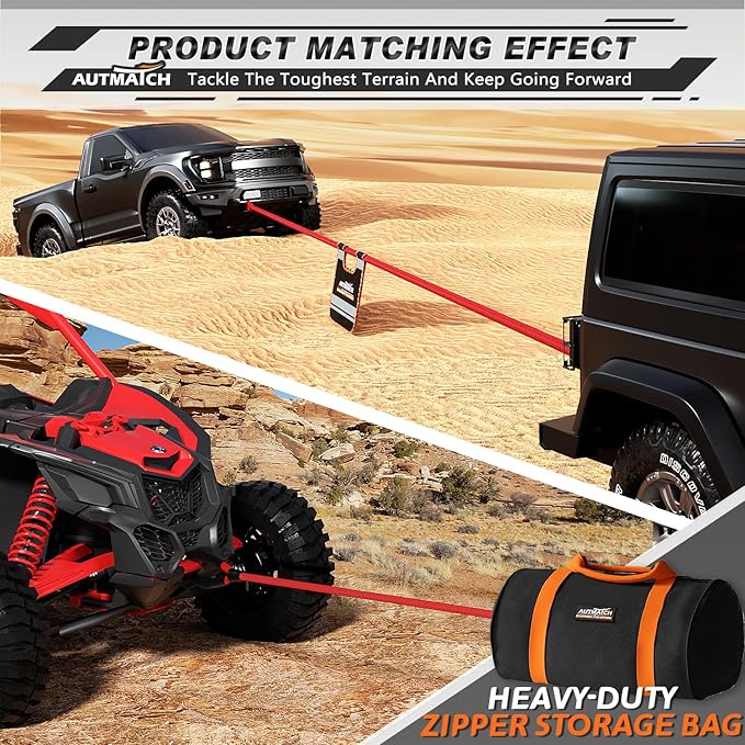 AUTMATCH Kinetic Recovery Tow Rope 7/8" x 30FT - Heavy Duty Energy Recovery Tow Rope 35000Lbs, 35% Elasticity Offroad Snatch Strap for 4x4 Off-Road Vehicle, Truck, Trailer, ATV, UTV, Red