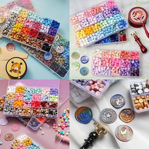 1200 Pcs Metallic Assorted Color Wax Seal Beads - 48 Colors for Making Seals, Decor for Envelope Letter Wedding Invitation (48 Lattices Kit)