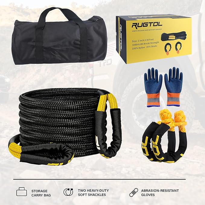 Rugtol Kinetic Recovery Rope, 1 inch x 30 Feet Heavy Duty Kinetic Tow Ropes with 2Pcs Soft Shackles 30864 LBS Break Strength, Snatch Towing Strap Rope Kit for Offroad Vehicle Truck ATV UTV Car Tractor