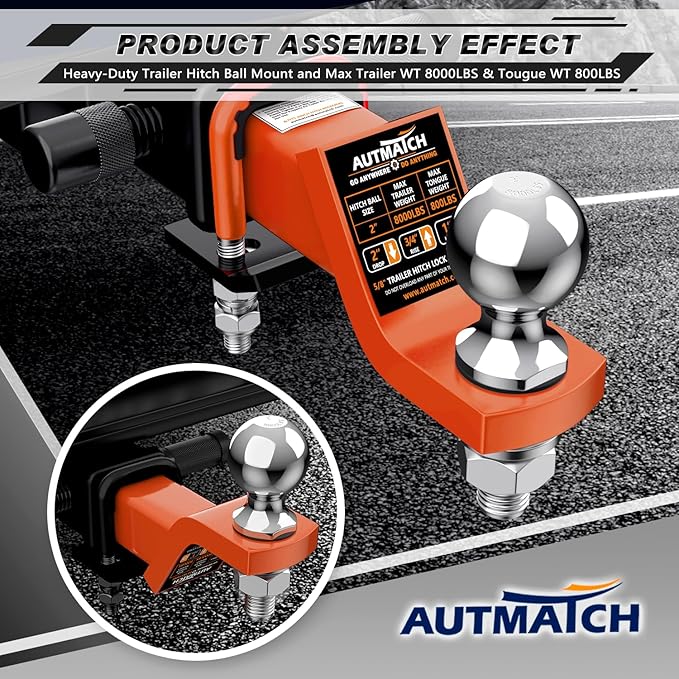 AUTMATCH Trailer Hitch Ball Mount with 2 Inch Hitch Ball - Fits 2" Receiver with Hitch Tightener, 8000Lbs Capacity Ball Hitch, 2-Inch Drop with 5/8" Hitch Lock Pin, Orange