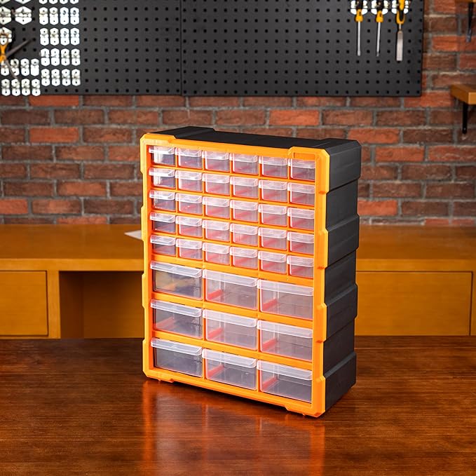 Amazon Basics Wall Mount Hardware and Craft Storage Cabinet Organizer with 39 Drawers, Plastic Garage Organization System with Dividers for Small Parts, Black, Orange, 15" x 6.3" x 18.6"