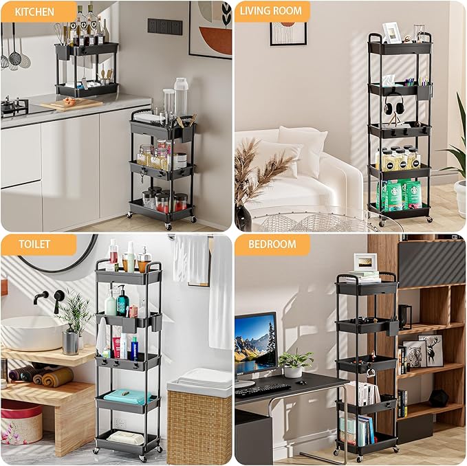 5 Tier Rolling Utility Cart with Drawer,REBECAT Utility Cart Made of Multifunctional Storage Organizer Tool for Kitchen,Bathroom,Living Room,Office(Black)