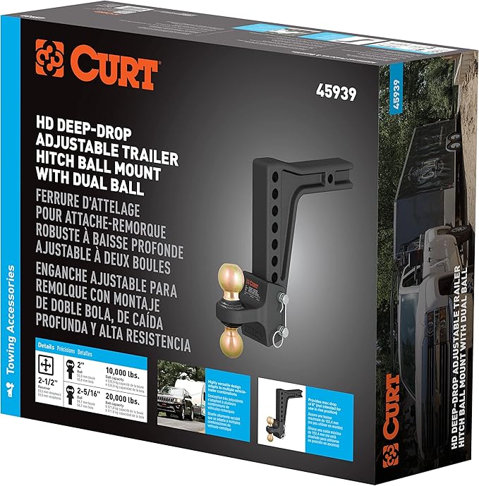 CURT 45939 HD Deep-Drop Adjustable Trailer Hitch Ball Mount with Dual Ball, 2-1/2" Shank, Up to 20,000 lbs
