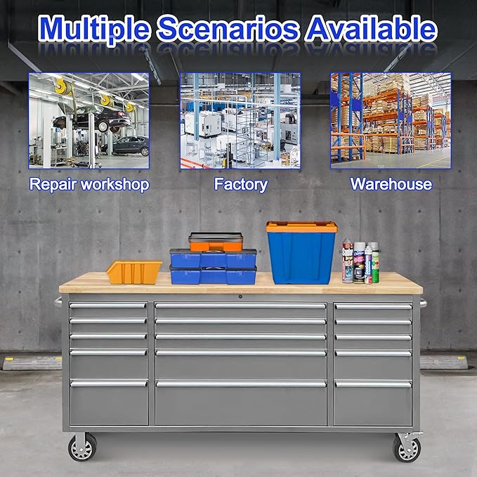 72-Inch Stainless Steel Rolling Tool Box with 15 Drawers, Heavy-Duty Mobile Garage Workbench, Lockable Large Tool Chest Storage Cabinet with Wheels for Workshop