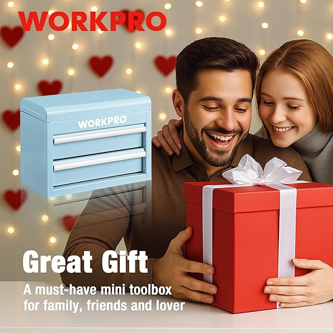 WORKPRO Metal Mini Tool Box, Top Tool Chest Containing Two Drawers with Ball Bearing Slides, PVC Drawer Liners and PP Feet Pads, Durable Cold Rolled Steel Small Toolbox for Multi-Purpose Storage