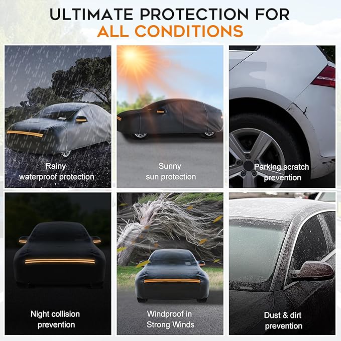 Sedan Car Cover Waterproof All Weather for Automobiles,Outdoor Heavy Duty Full Exterior Covers with Zipper Door, Rain Sun Snow Dust UV Protection, Windproof Straps & Reflective Strips(Up to 189")