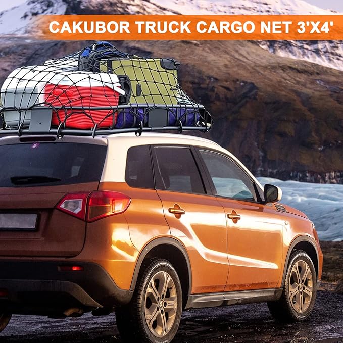 Heavy Duty 3'x4' Cargo Net - Stretches to 8'x10', 24 Clips, for Pickup Truck Bed, SUV, Trailer & Boat - Universal Fit for Ford, Chevy, Dodge Ram, Toyota