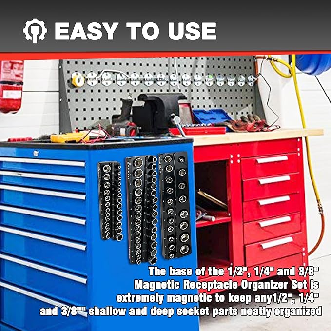 3Pcs 1/2", 1/4" and 3/8" Magnetic Socket Organizer Set,Metric Socket Holder Kit, Socket Trays,holds 75 Deep and Shallow 3/8" Sockets(sockets not included)