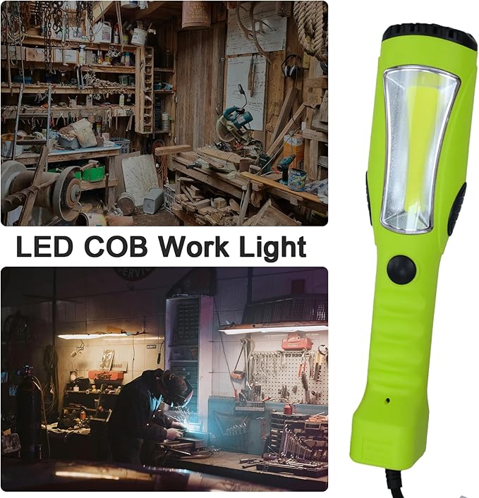 EP 25 Ft LED Work Light, 1200 Lumen COB LED Trouble Light - 16 Gauge SJTW Indoor Outdoor Extension Cord, Handheld, Magnetic Base, Rotatable Hanging Hook - Green