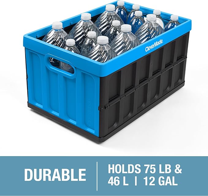 CleverMade Collapsible Storage Bins with Lids- Neptune Blue 3Pack 46L- Plastic Container Stackable Organization Crates Home Closet SpaceSaving Durable