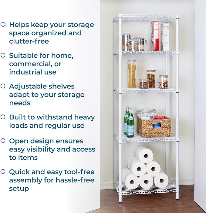 Honey-Can-Do 5-Tier Heavy-Duty Adjustable Shelves, Metal Storage Rack with 250-lb Shelf Capacity, White, 18" W x 24" L x 72" H