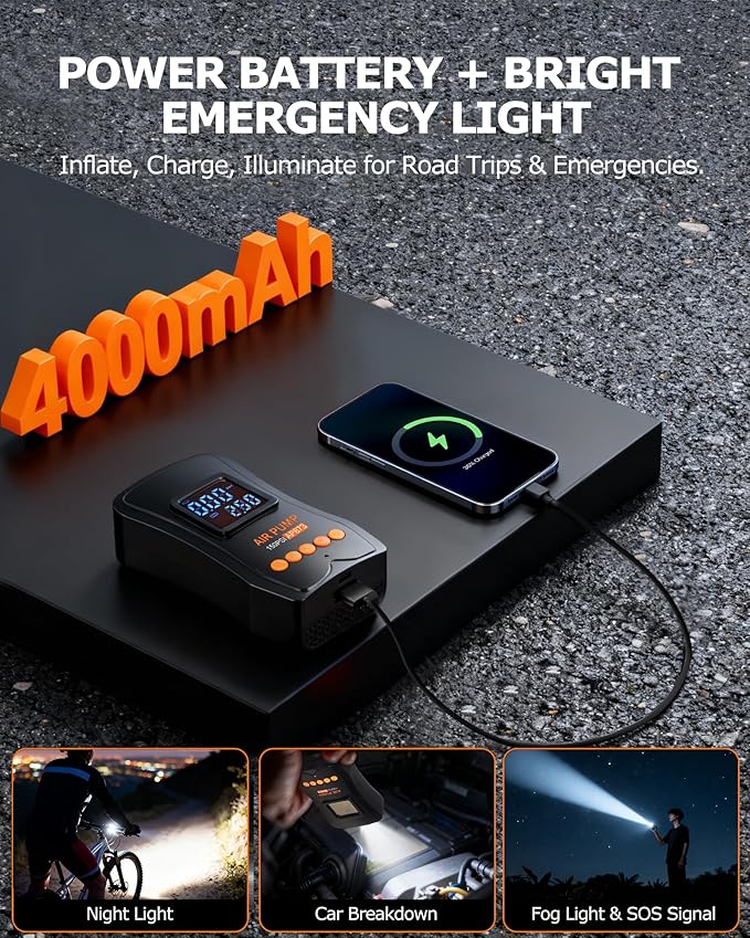 Tire Inflator Portable Air Compressor, 150PSI Dual Power - 4000mAh & 12V DC, Cordless Mini Bike Pump with Digital Dual Values Display/LED Light, tire Air Pump for Car Tires, Bike, Motorcycle, Bicycle