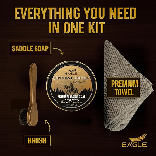 Eagle Saddle Soap for Leather – 3-Piece Saddle Soap Kit for Leather Cleaning, Boots, Tack, and Saddles – Includes Applicator and Cloth – Leather Soap and Conditioner for Leather Boots and Tack Care