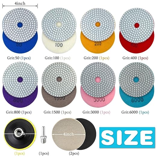 4 Inch Diamond Polishing Pads with 5/8’’-11 Backer Pad, 12PCS Wet/Dry Granite Stone Polish Pad Kit for Drill, Grinder, Polisher, 50-6000 Grit Polishing Pad for Concrete Marble Rock Countertop Quartz