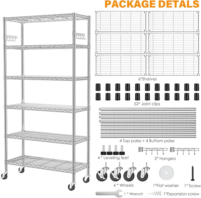 YNN Storage Shelves,6000Lbs 6 Tier Heavy Duty Metal Rolling Shelving Unit with Wheels & 8 Hooks, Adjustable Garage Wire Rack for Kitchen, Bathroom,Industrial,Pantry(36" W x 14" D x 72" H, Chrome)
