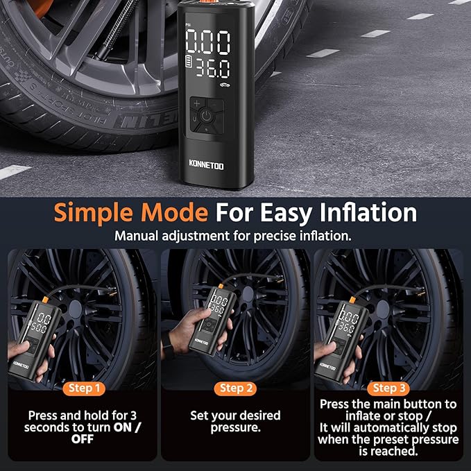 KONNETOO Inflator Portable Air Compressor - Air Pump for Car Tires with Tire Pressure Gauge - One Click Smart Pump Tire Inflator for Car, Motorcycle, Bicycle and More