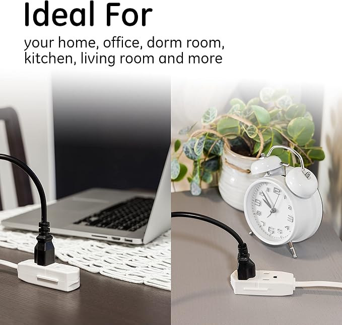 GE 3-Outlet Flat Extension Cord 8 Ft Grounded Extension Cord with Multiple Outlets 3 Prong Outlet Extender Flat Plug Power Strip Indoor 16 Gauge UL Listed 2 Pack White 57366