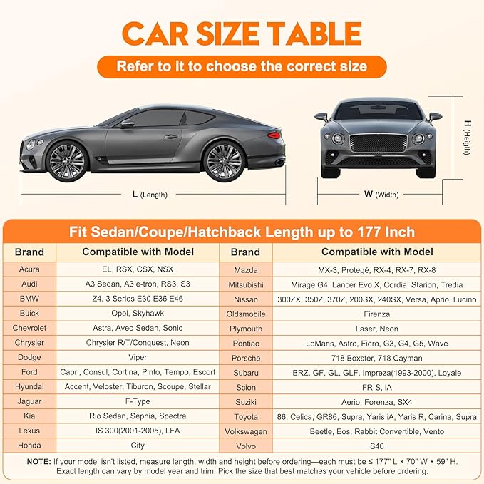 Car Cover Waterproof All Weather 5 S Quick Install for BMW Z4,Audi TT,VW Beetle/Golf,Porsche Boxster/718 Automobiles Universal Fit Sedan/Coupe/Hatchback Length up to 177 in. 6-Layer