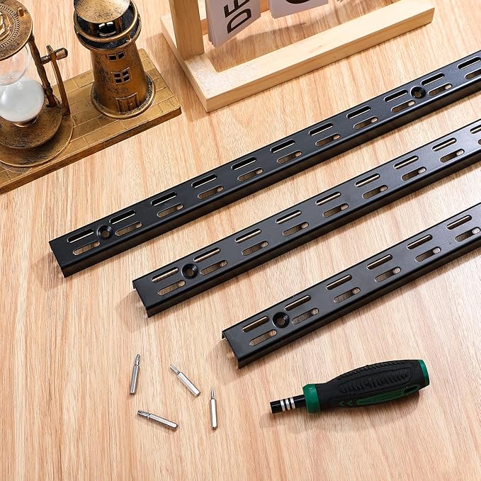 MorningRo 6 Pcs Dual Track Upright Wall Shelving System Heavy Duty Support System Twin Slot Shelf Rail Shelf Standards for Pantries Linen Closets Laundry Rooms(Black,47.5 Inch)