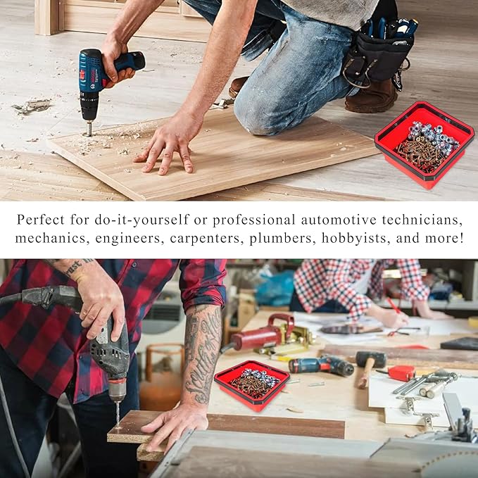 Collapsible Magnetic Parts Tray, 4.5" Square Silicone Tool Tray with Dual-Sided Magnetic Base, Foldable Small Metal Parts Organizer Storage Bowl for Screws Bolts Nuts Washers (Red)