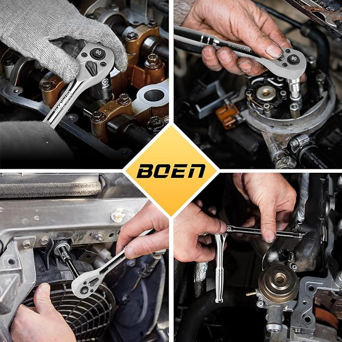 boen 3/8-Inch Drive Ratchet, 90-Tooth Quick-Release Ratchet Wrench, 4-Degree Swing, Reversible, Chrome Alloy Made, Full Polished