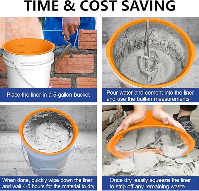 2-Pack 5 Gallon Silicone Bucket Liner – Reusable Rubber Bucket Saver for Thinset, Mortar, Grout, Concrete & Paint Mixing with Graduated Measurements, Fits Standard 5-Gal Buckets (Orange)