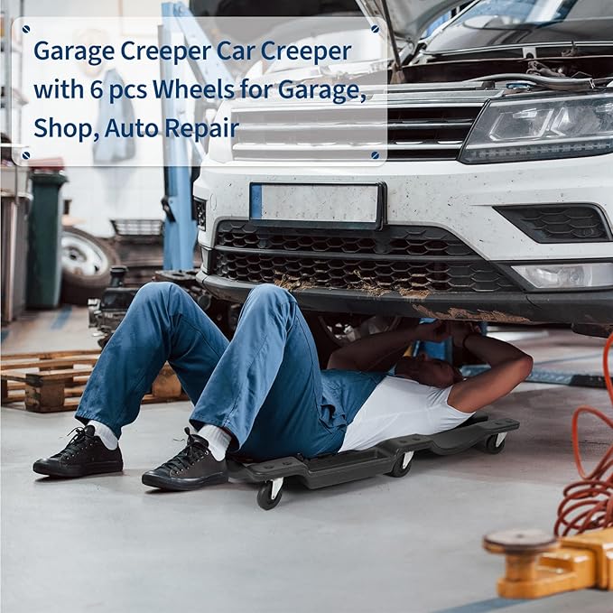 Garvee 40" Plastic Rolling Automotive Garage/Shop Creeper,350 Lbs Blow Molded Ergonomic HDPE Body Low Profile Mechanic Creeper with Padded Headrest, Dual Tool Trays and 6 Casters