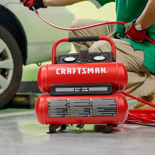 Craftsman 2-Gallon Air Compressor, 1/3 HP Oil-Free Twin Tank, 125 PSI Max – Portable & Quiet Air Tool for Home DIY, Tire Inflation, Nailing & Spray Painting, Compact for Easy Storage