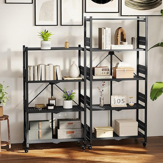 WORKPRO 4-Tier Folding Shelf, No-Assembly Metal Storage Rack with Wheels, 600 lbs Capacity (with Leveling Feet), Collapsible Shelving Unit for Kitchen, Pantry, Bathroom & Closet Organization