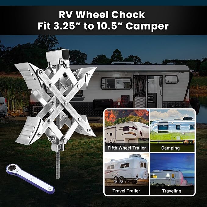 X-Shaped RV Wheel Chock Fit 3.25” to 10.5” Camper Wheel Chock Stabilizer Scissor with Accessories Pair for Travel Trailer, Heavy Duty Tire Wheel Chock Scissor Locking X Chock, 1Pack