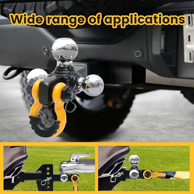 MaxxHaul Adjustable Tri-Ball Hitch Mount with Rotating Tow Shackle & D-Ring Fits 2" Receiver 1-7/8" 2" 2-5/16" Balls 12000 lb Capacity 5" Drop Rise 51003
