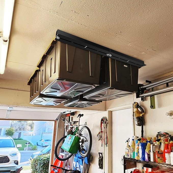 Overhead Garage Storage Rack, Heavy Duty Ceiling Storage Rack, 17 Inch Adjustable Overhead Tote Storage Rail System, 6 Sets for 5 Bins