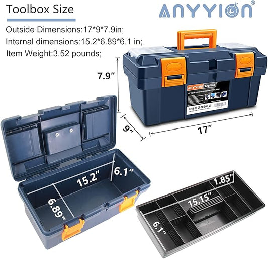 Anyyion 16.5-inch Tool Box with Removable Tray, Small Parts Box On The Lid is Removable, Tray Can be Removed and Combined at Will (Internal Dimensions 15.2x6.89x6.1 inch)