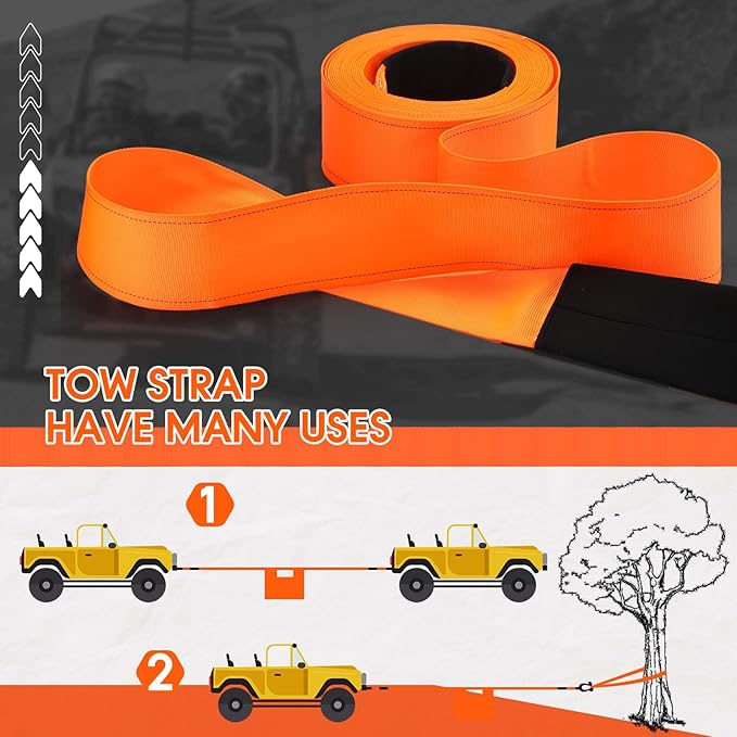Windyun 4" x 50 ft Recovery Tow Strap Road Straps Heavy Duty Tow Rope Recovery Rope with Reinforced Loops and Protective Sleeves for Vehicle Truck Winching Gear Accessories 20, 000 Lbs