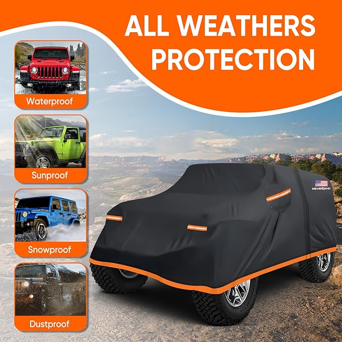 NEVERLAND Car Cover for Jeep Wrangler 2 Door Waterproof Car Covers, All Weather Protection Jeep Sun Rain Protection for Wrangler 2 Fits JK JL 2007-2025 Outdoor Covers (Black+Orange)