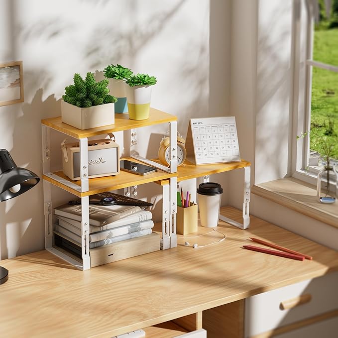 Kitchen Cabinet Organization Shelf,Set of 2 Height Adjustable Storage Racks,Stackable,Expandable,Countertop Shelves Organizer,Pantry Shelving(2PACKS/Large/White)