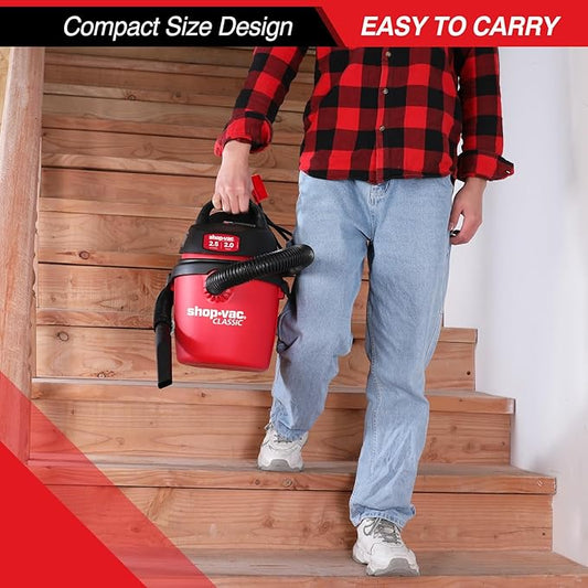 Shop-Vac 2.5 Gallon 2.0 Peak HP Wet/Dry Vacuum, Portable Compact Shop Vacuum with Top Handle, Wall Bracket & Attachments