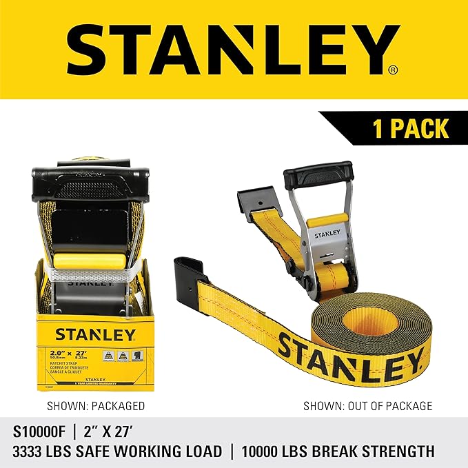 STANLEY S10000F Black/Yellow 2" x 27' Ratchet Strap with Flat Hooks - 3,333 LBS Safe Working Load / 10,000 LBS Break Strength