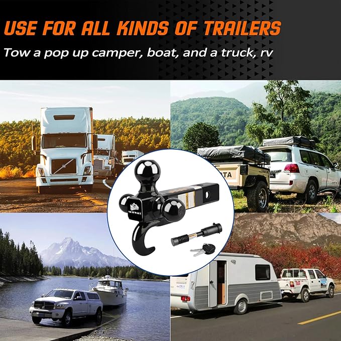 MEOTWARE Trailer Hitch Tri-Ball Mount with Hook - Heavy Duty Trailer Ball Size 1-7/8", 2" and 2-5/16", Fits 2 Inch Receiver Pickup Truck, Hollow Shank with 5/8" Hitch Lock, Black